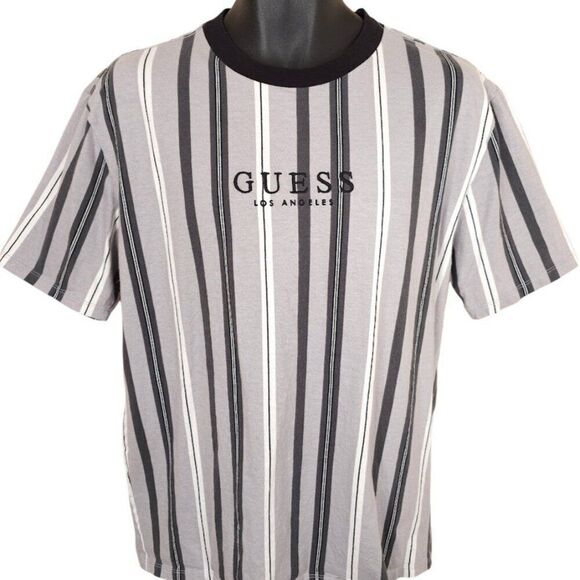 Guess Originals T Shirt Mens Size Small Gray Black Striped OVERSIZED Fit - Picture 2 of 6